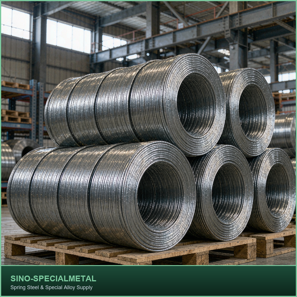 65Mn spring steel wire coils stacked in a warehouse